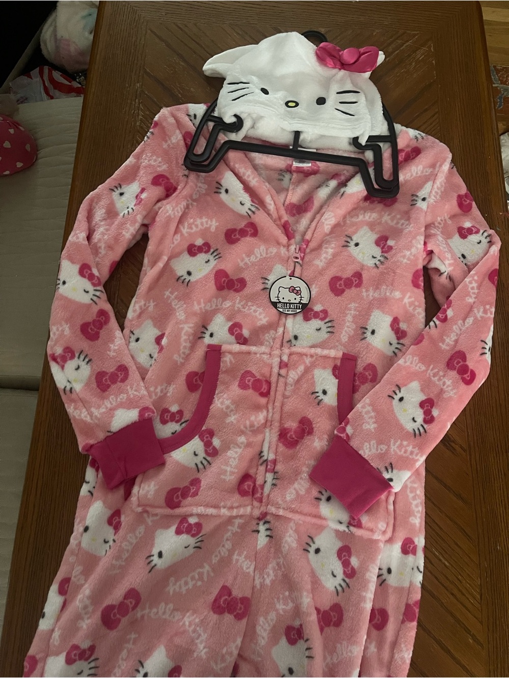 Hello Kitty Pink Plush Hooded Onesie Pajamas with Bow Accents